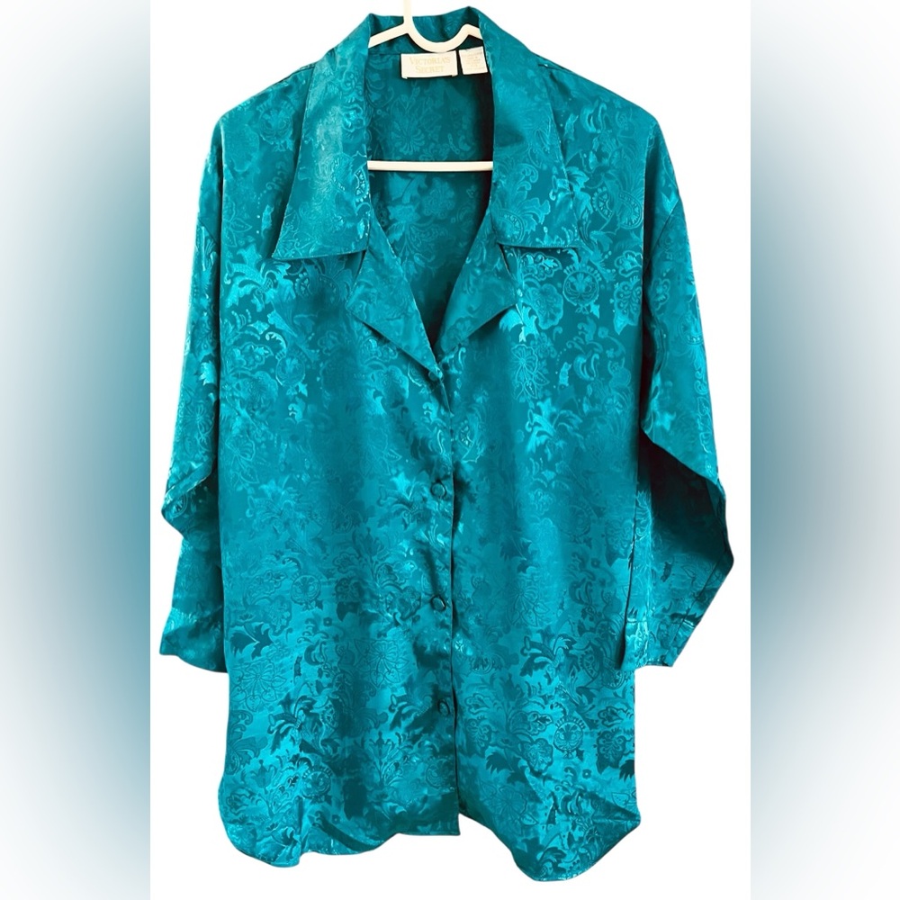 Vintage Victoria's Secret Gold Label Emerald Floral Damask Satin Sleep Shirt